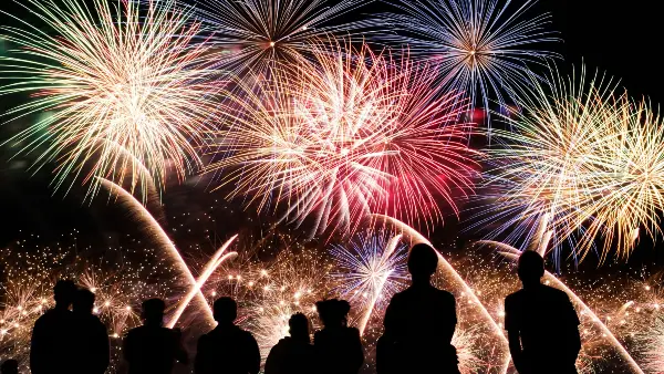 Fireworks in the sky with people's silhouettes in the foreground.