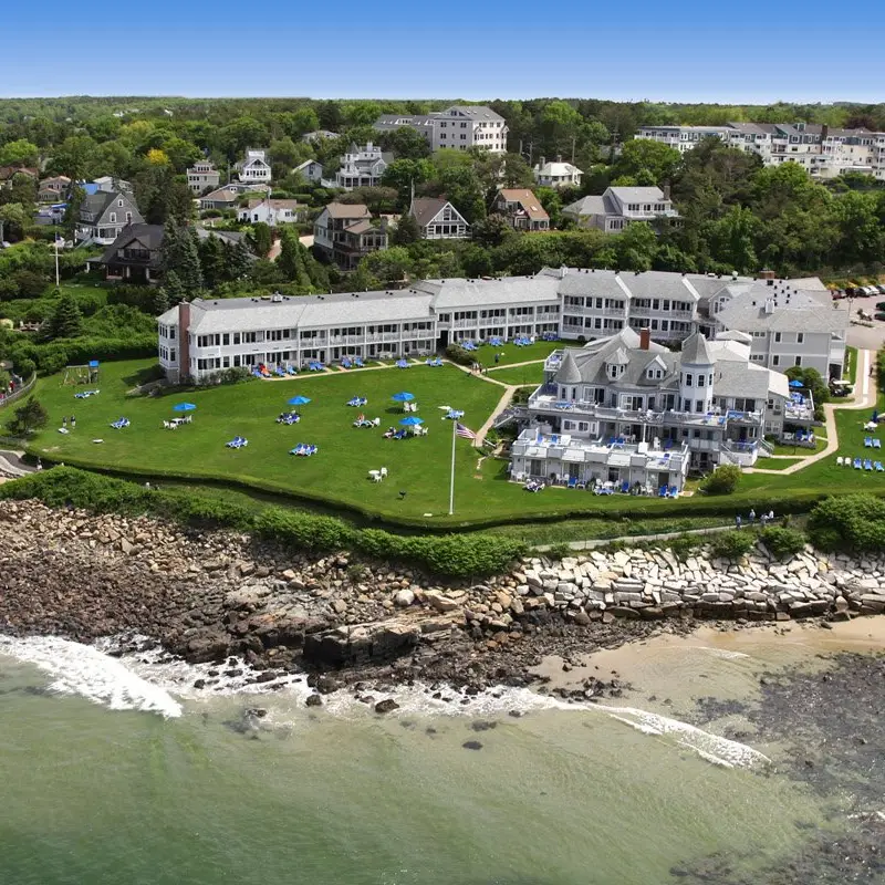 An aerial view of the Beachmere Inn from the coast of Ogunquit.