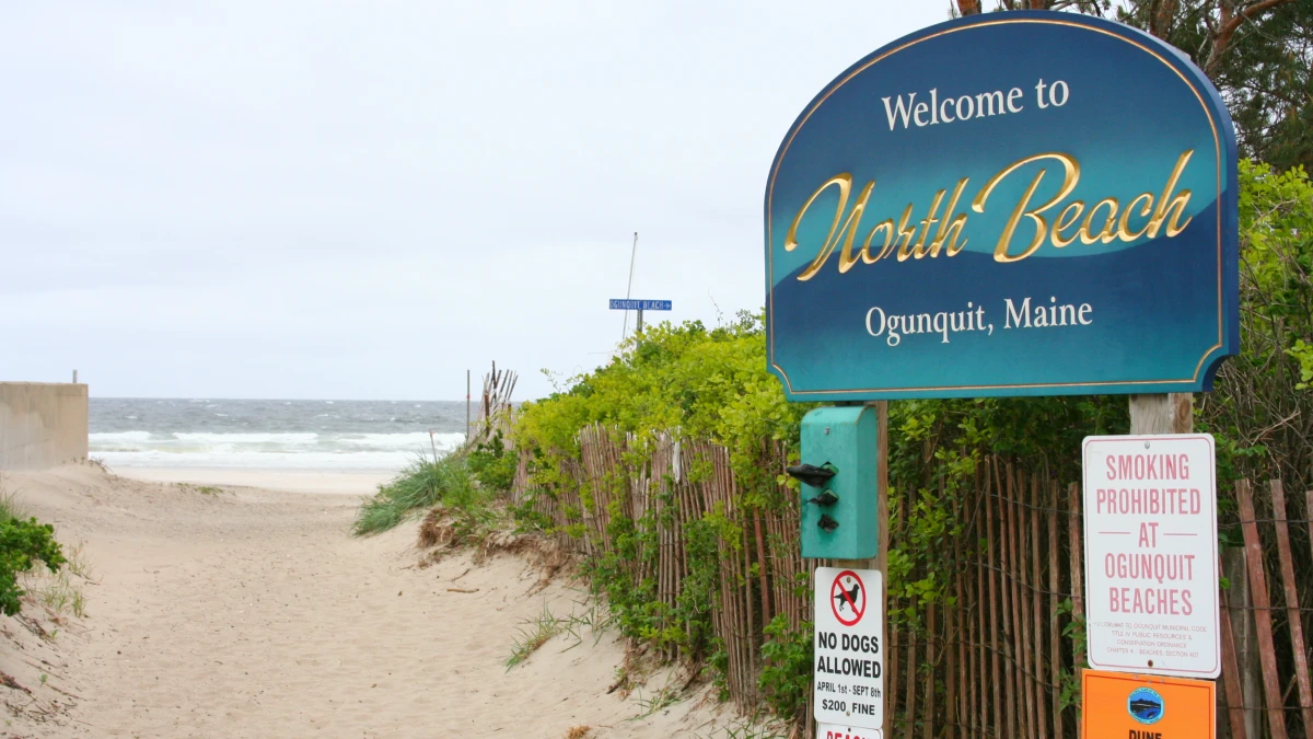View of a walking path to the beach and a sign that says North Beach