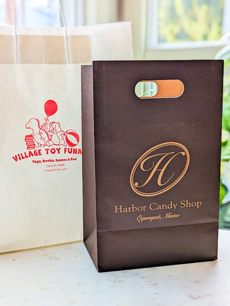 Shopping bags from Harbor Candy and Village ToyFunatic