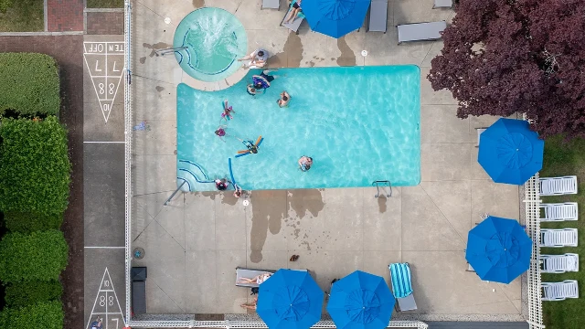 An aerial view of the pool at the Colonial Inn.